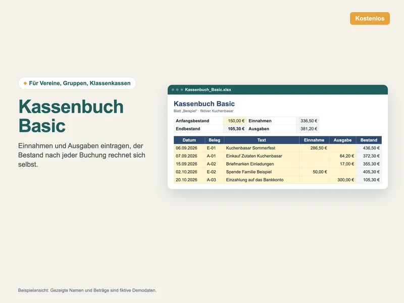 Kassenbuch Basic: Blatt „Beispiel“ mit Buchungen, Einnahmen, Ausgaben und laufendem Bestand