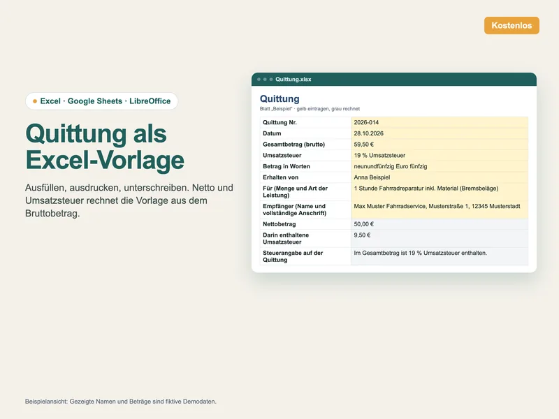 Quittungsvorlage in Excel: Blatt „Beispiel“ mit Bruttobetrag, Nettobetrag und enthaltener Umsatzsteuer