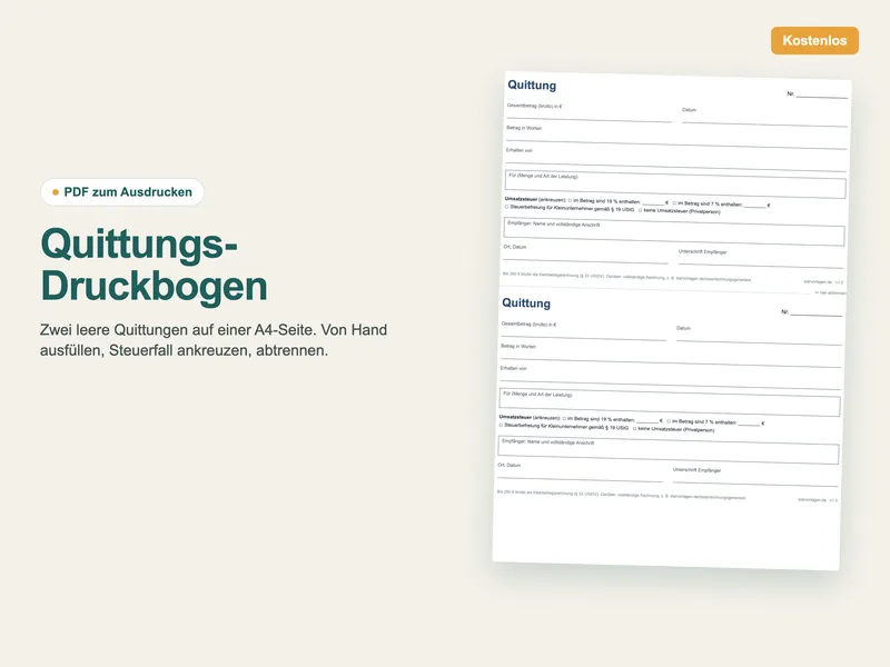 Quittungs-Druckbogen: zwei leere Quittungen auf einer A4-Seite zum Ausfüllen von Hand