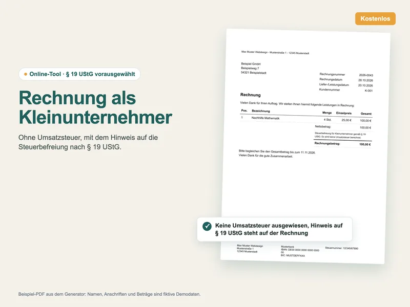 Kleinunternehmer-Rechnung: Beispiel-PDF ohne Umsatzsteuer mit Hinweis auf die Steuerbefreiung nach § 19 UStG