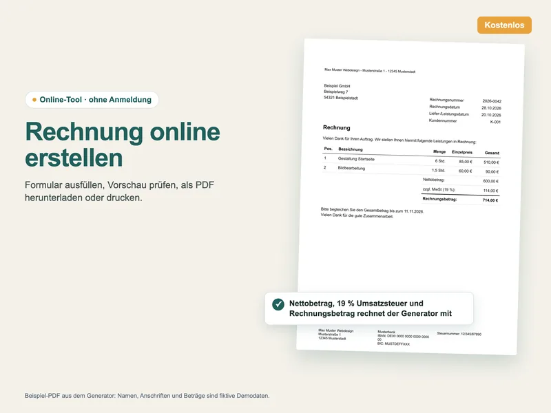 Rechnungsgenerator: Beispiel-PDF einer Rechnung mit Nettobetrag, 19 % Umsatzsteuer und Rechnungsbetrag