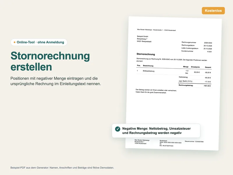 Stornorechnung: Beispiel-PDF mit negativer Menge, Verweis auf die ursprüngliche Rechnung und negativem Rechnungsbetrag